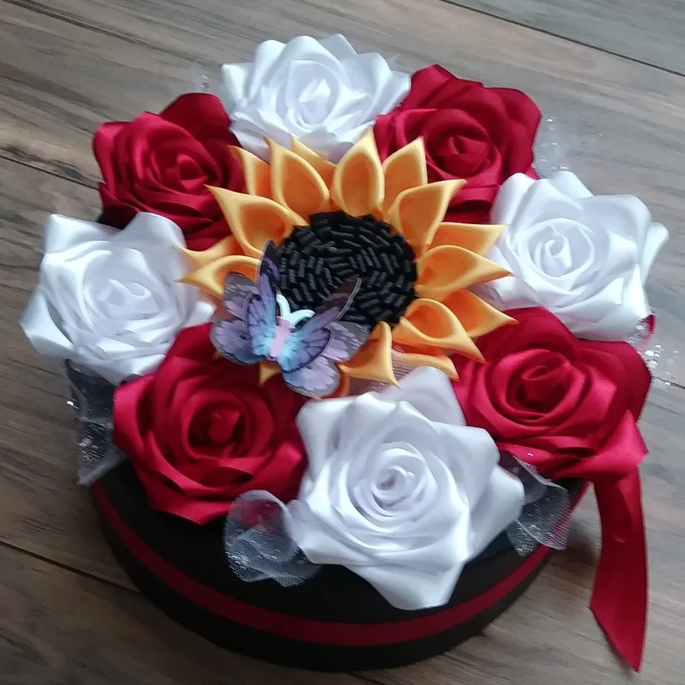 Satin Ribbon Eternity Roses Handmade Rose Box Floral Arrangement (Round BlackBox